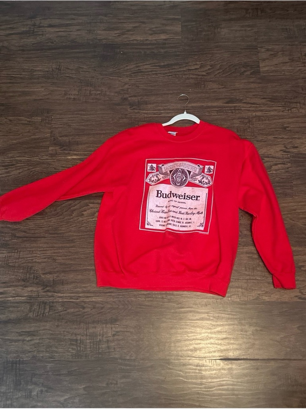 Budweiser Red Crewneck Sweatshirt with Label Graphic